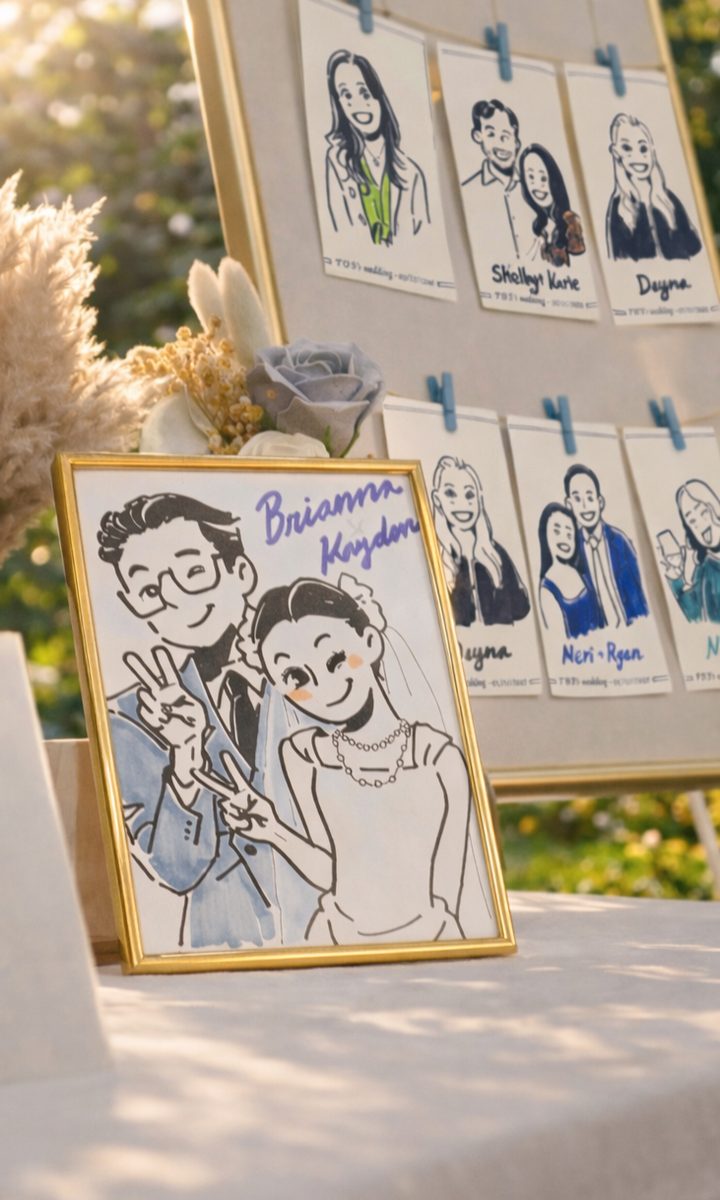 Finished wedding guest sketches arranged for pickup