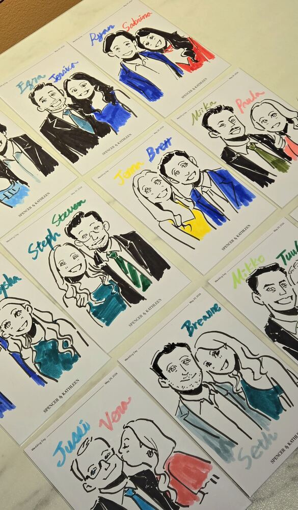 Wedding live sketch station and gallery setup